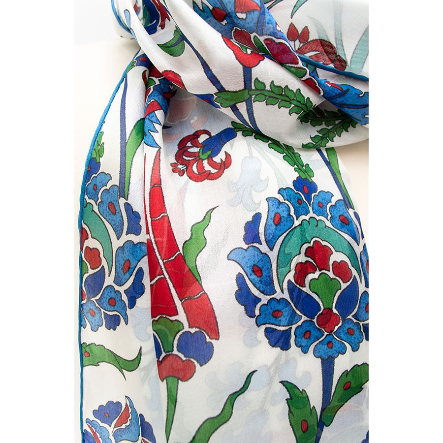 Iznik Tulips Silk Habotai Scarf - Detail