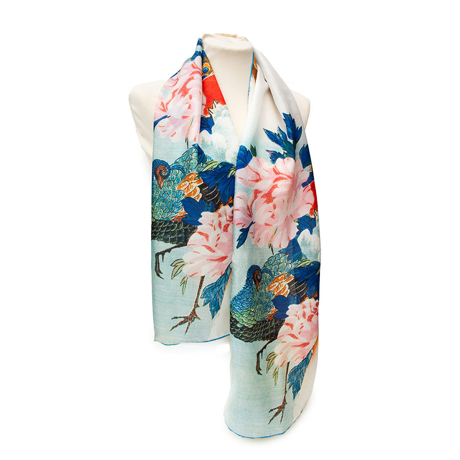 Hiroshige Peacock Silk Habotai Scarf - Style 2