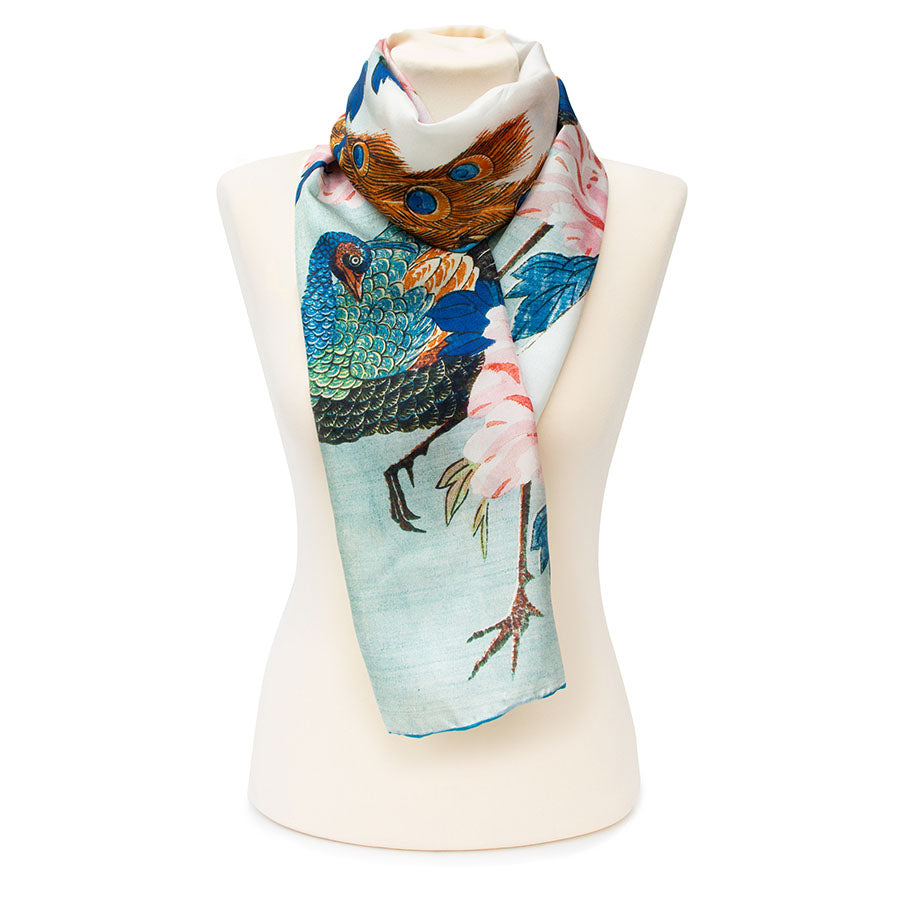Hiroshige Peacock Silk Habotai Scarf - Style 3