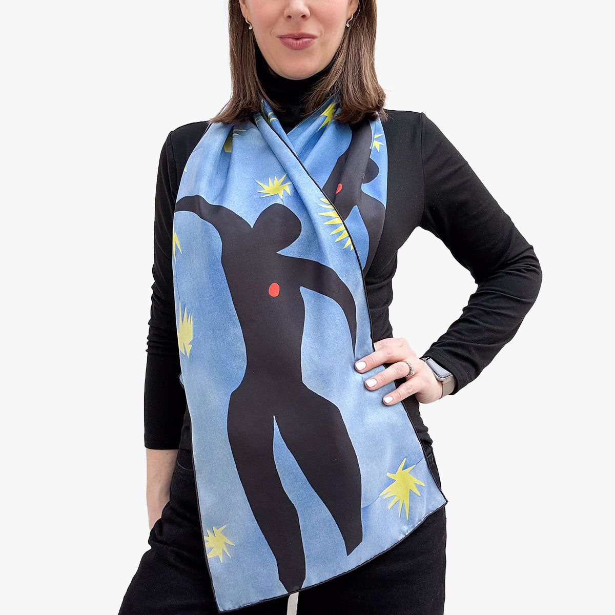 Matisse Blue Dance Silk Habotai Scarf - With Model 2
