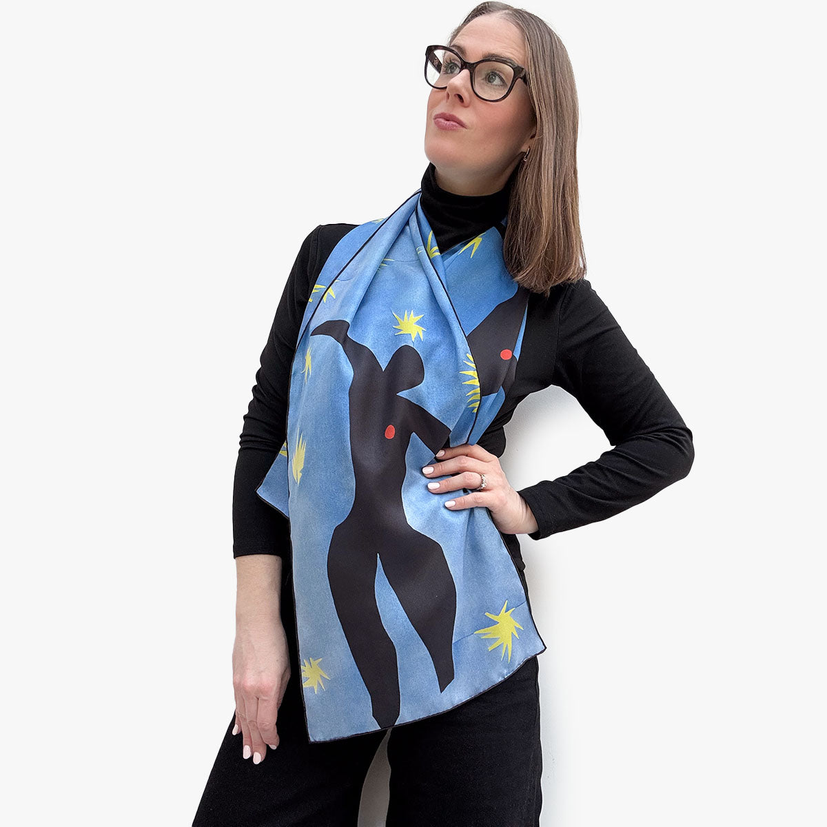 Matisse Blue Dance Silk Habotai Scarf - With Model 1
