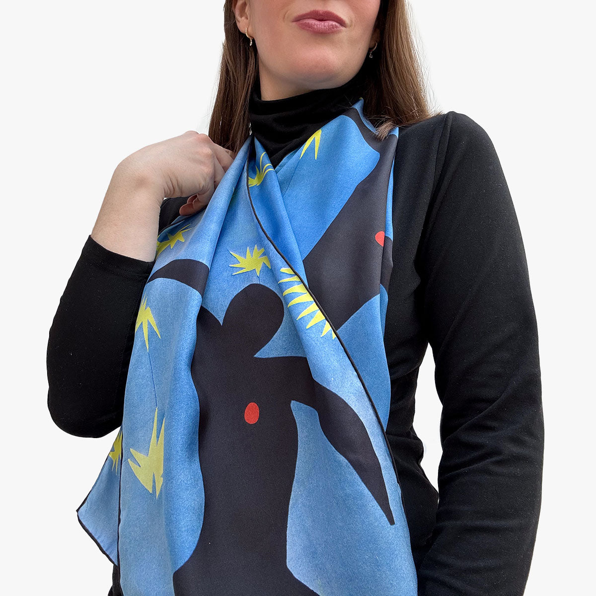 Matisse Blue Dance Silk Habotai Scarf - With Model 3