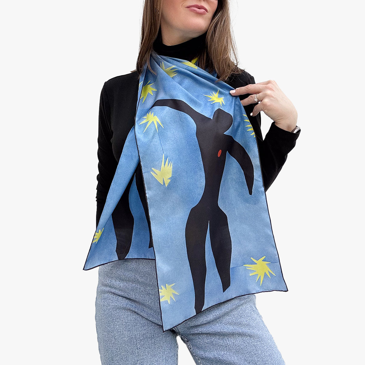 Matisse Blue Dance Silk Habotai Scarf - With Model 4