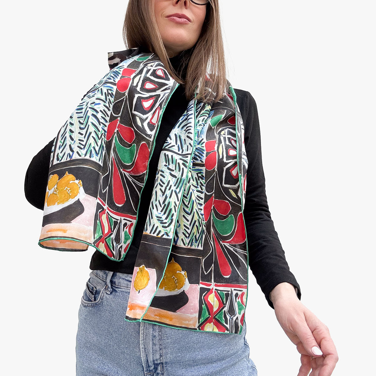 Matisse Egyptian Curtain Silk Habotai Scarf - With Model 2