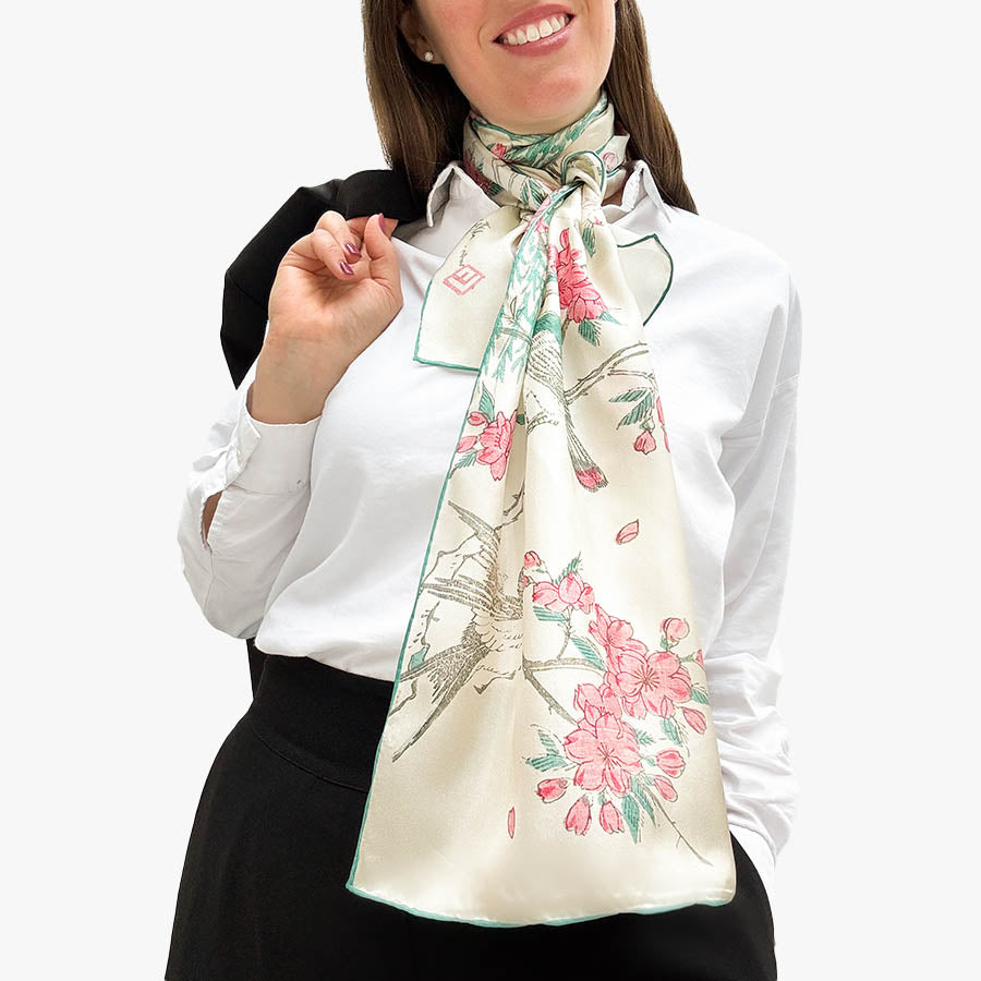 Hiroshige Cherry Blossom Silk Habotai Scarf with Model