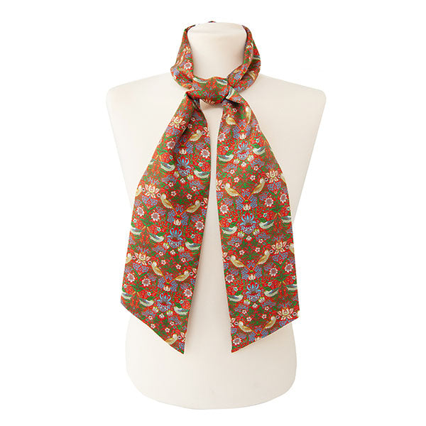 Morris Strawberry Thief Red Skinny Silk Scarf with Mannequin