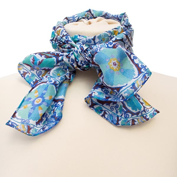 Suzani Blue Silk Habotai Scarf - Detail