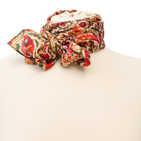 Suzani Red Silk Habotai Scarf - Detail
