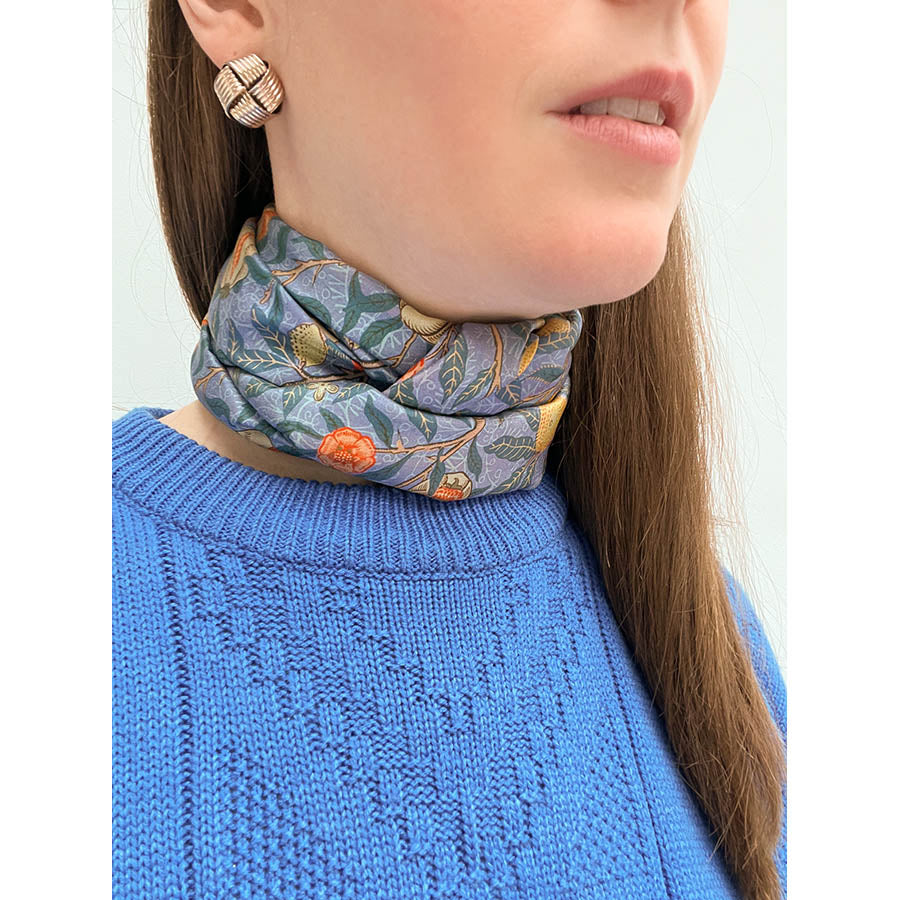 Morris Blue Fruit Silk Habotai Scarf - With model