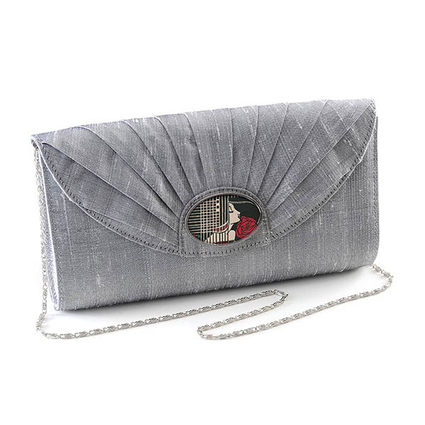 Silver Silk Cameo Clutch Bag