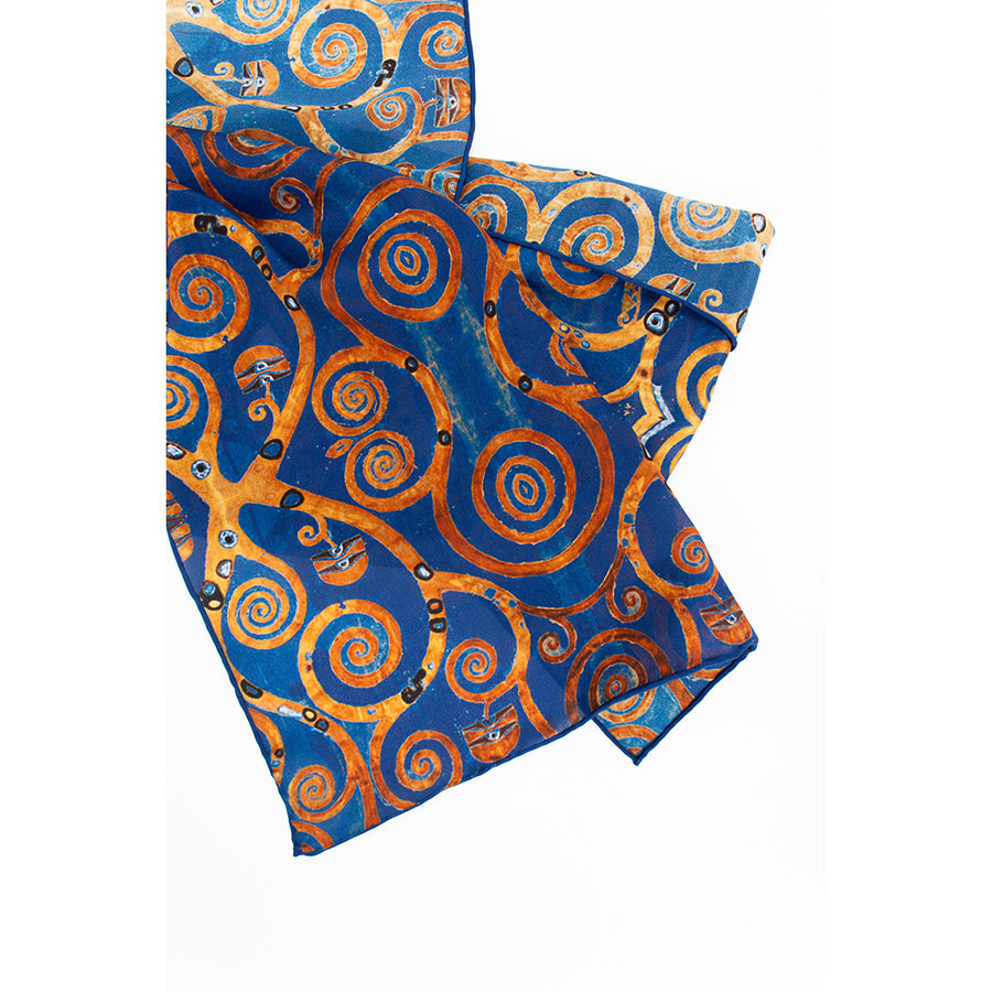 Klimt Tree of Life Blue Crêpe de Chine Scarf- Detail