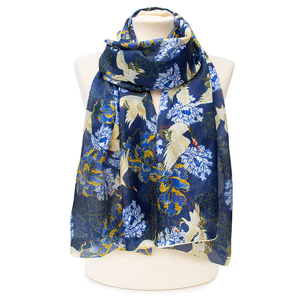 Oriental Crane Blue Silk Habotai Scarf