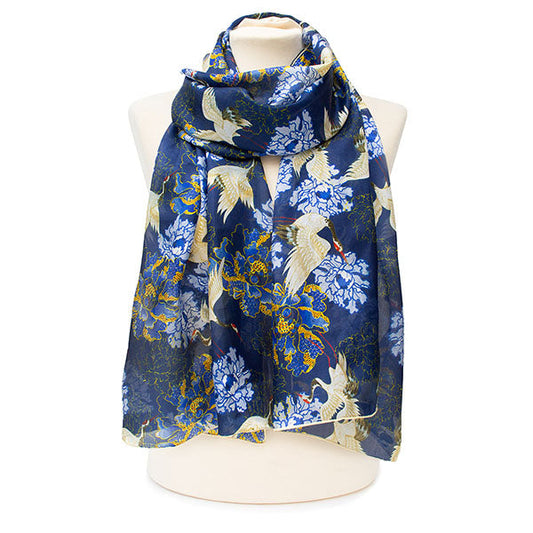 Oriental Crane Blue Silk Habotai Scarf