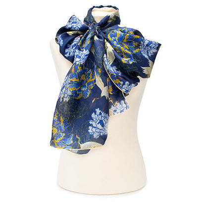 Oriental Crane Blue Silk Habotai Scarf - Style 02