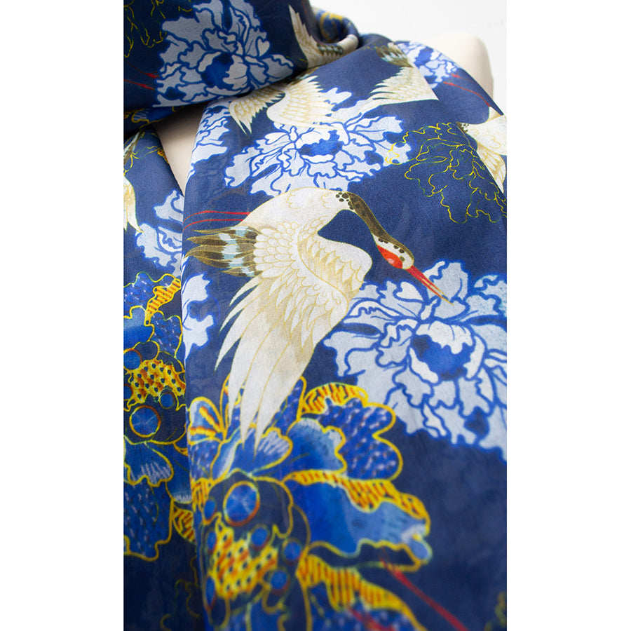 Oriental Crane Blue Silk Habotai Scarf - Detail
