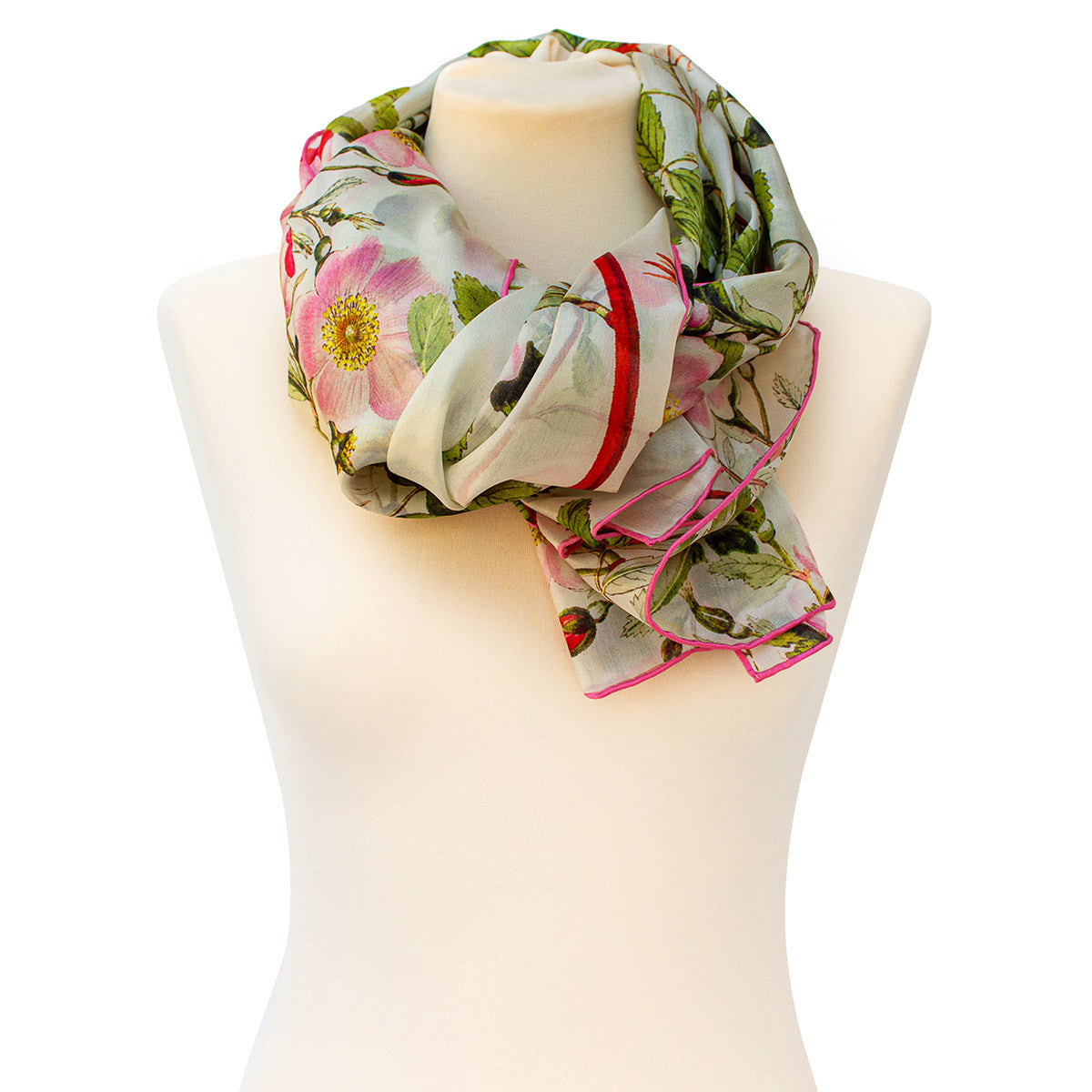 Botanical Pink Rose Habotai Scarf - Style 3