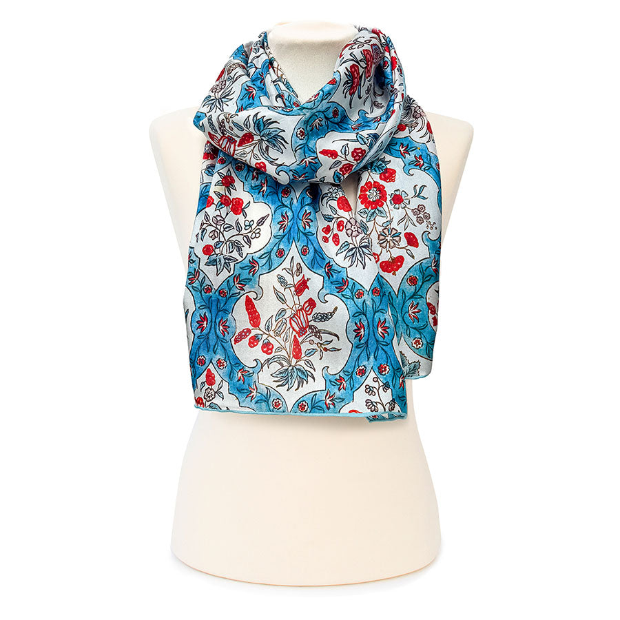Indian Blue Floral Silk Habotai Scarf