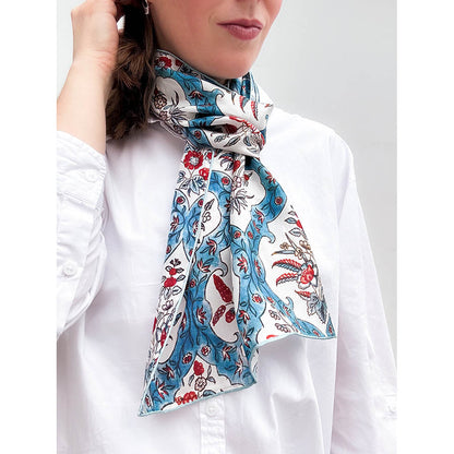 Indian Blue Floral Silk Habotai Scarf