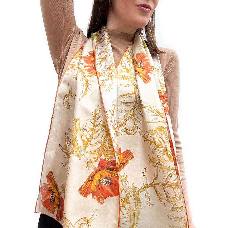 May Morris Poppies Habotai Scarf - with Model