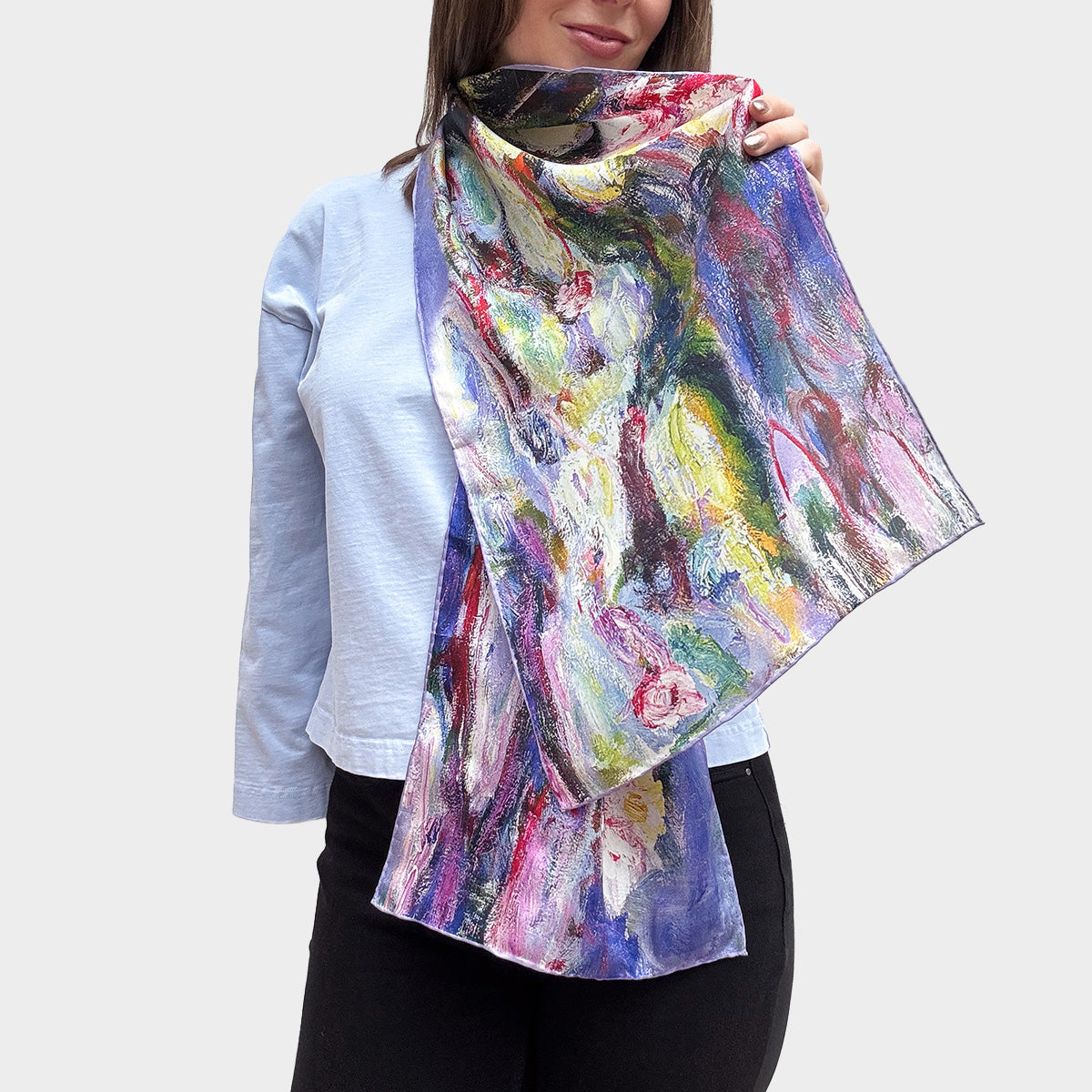 Monet Lily Pads Silk Habotai Scarf - WIth Model